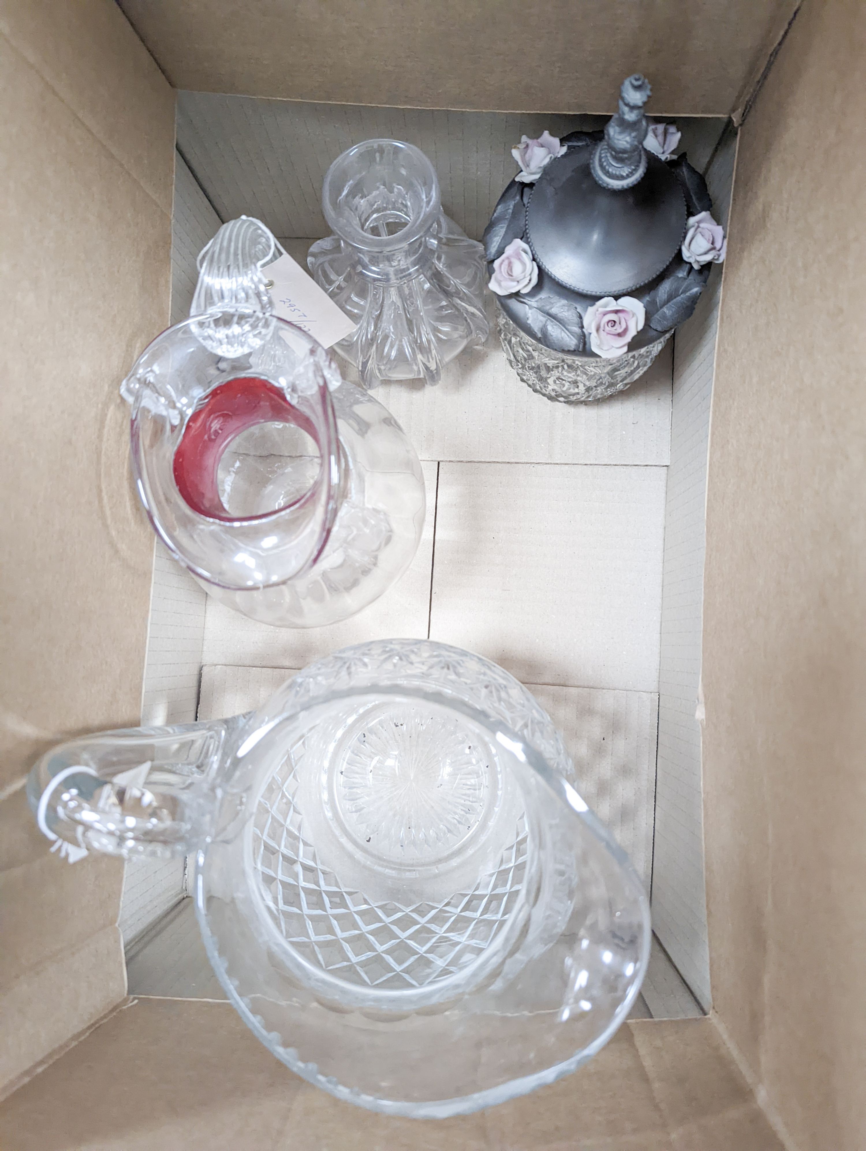 A pair of plated articulated fish, 3 plated photo frames, glassware etc